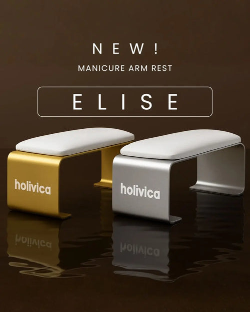 Two manicure arm rests, one gold and one silver, with 'holivica' branding on a dark background.